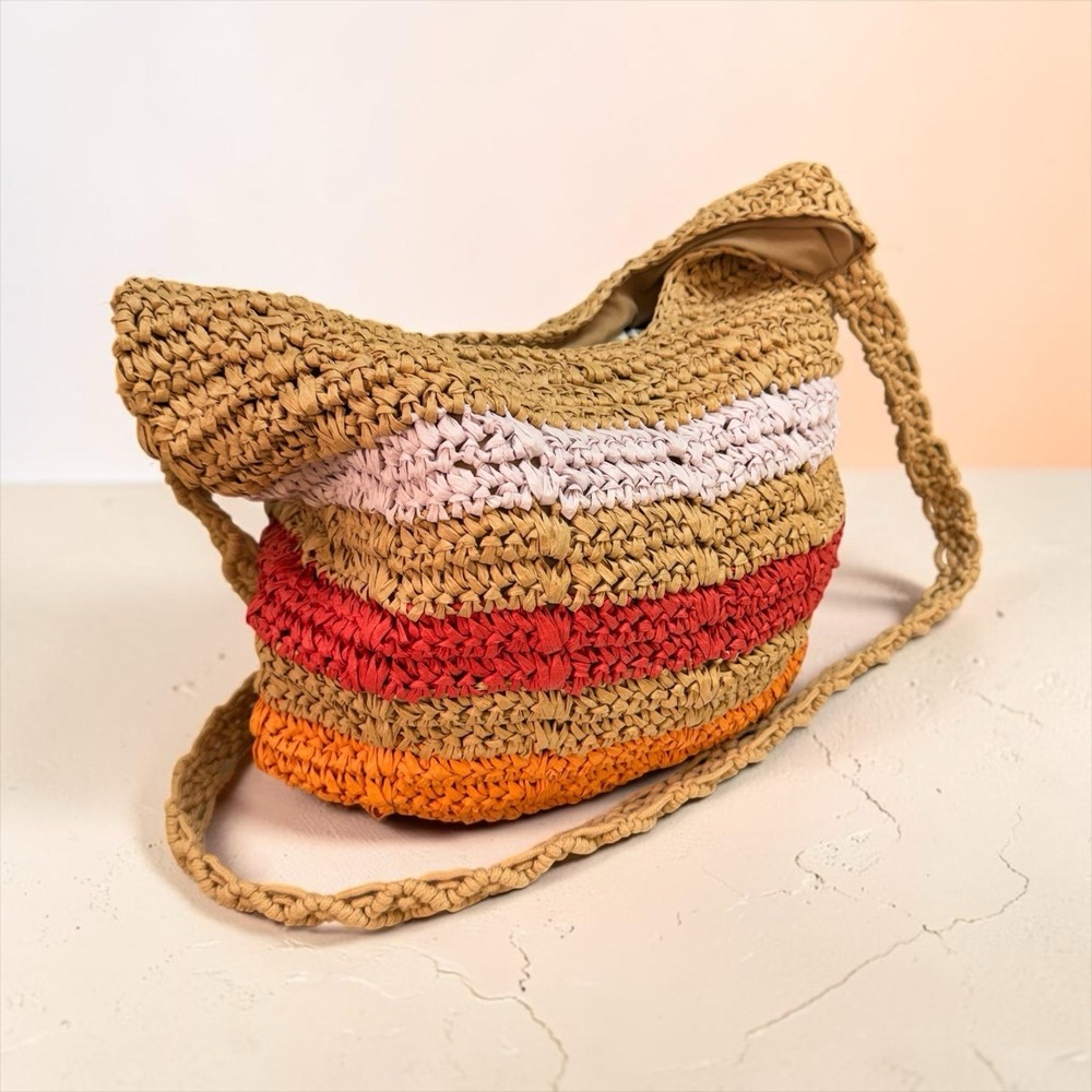 Woven Paper Straw Hobo Tote Bag Boho Colorblock Crochet Beach Summer Purse